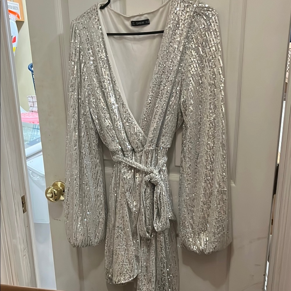 SHEIN Silver Sequin Wrap Dress
